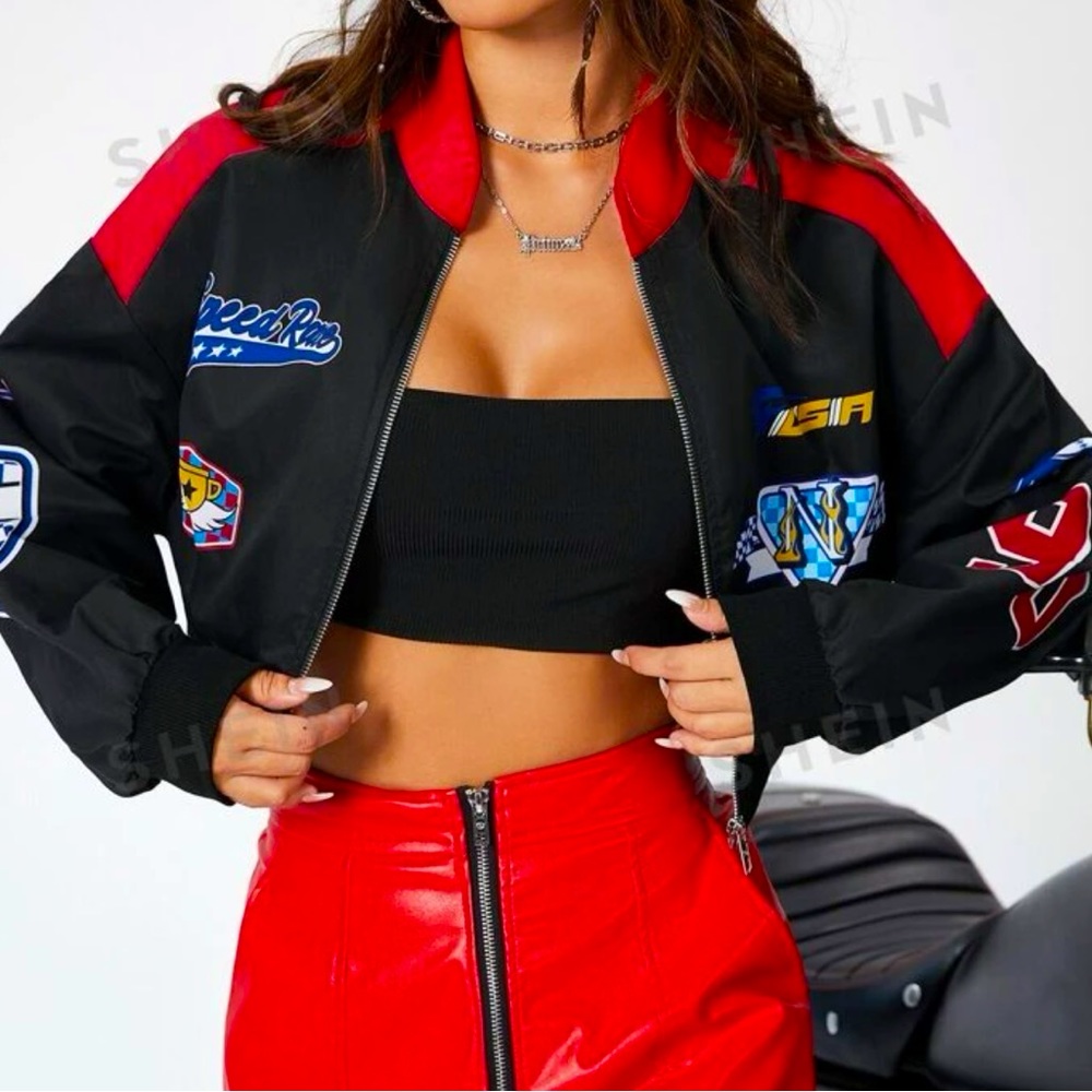 SHEIN Letter Graphic Two Tone Drop Shoulder Bomber Jacket